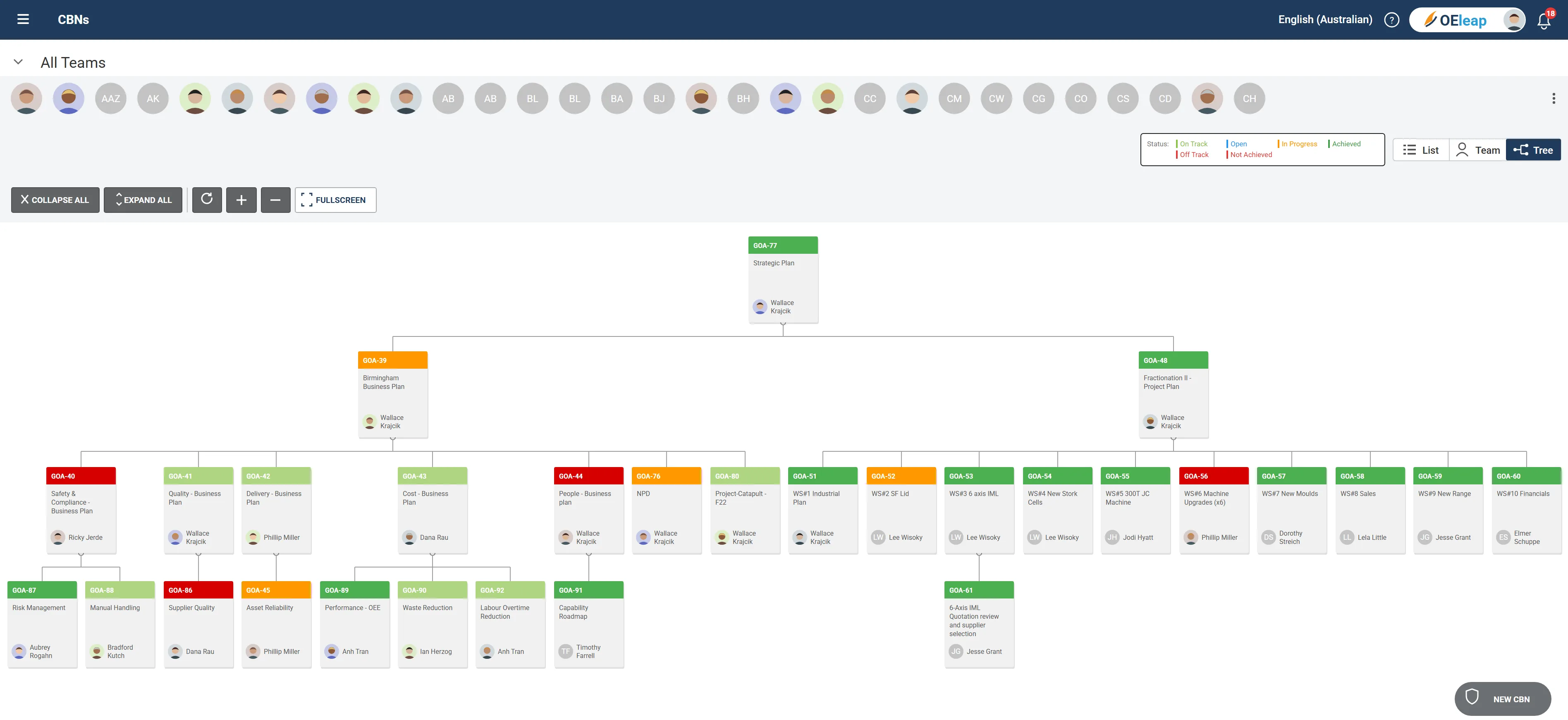 Goal cascade tree view showing strategic objectives flowing down to team goals with status indicators