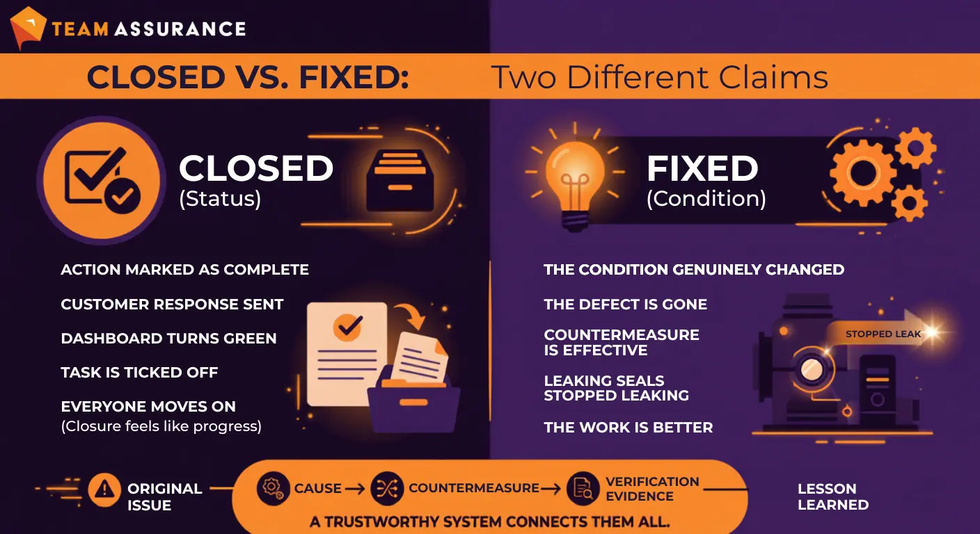 Closed vs fixed diagram showing the difference between a closed status and a genuinely fixed condition