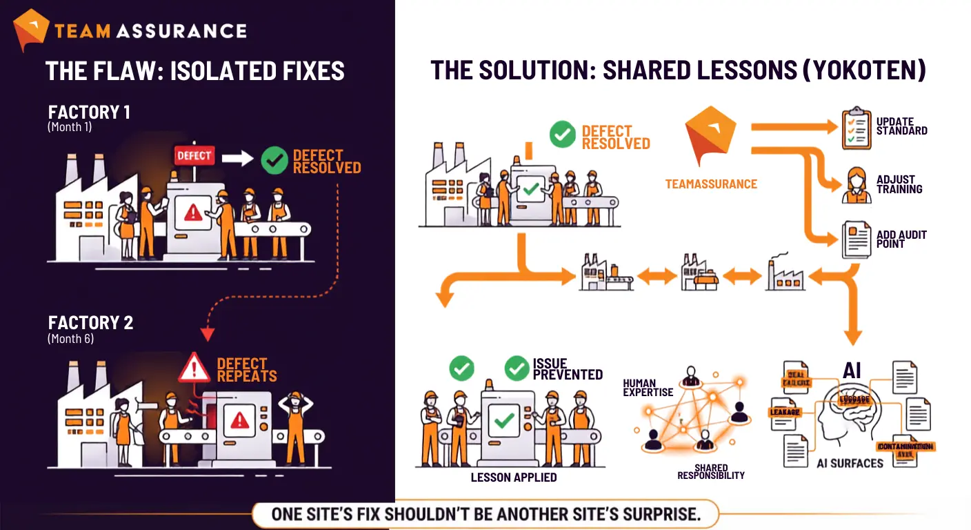One site's fix shouldn't be another site's surprise - infographic showing isolated fixes versus shared lessons across factories