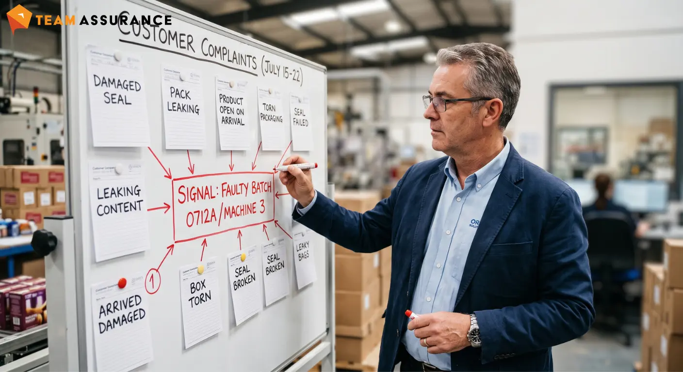 Customer complaints grouped on a whiteboard showing how individual issues reveal a common signal