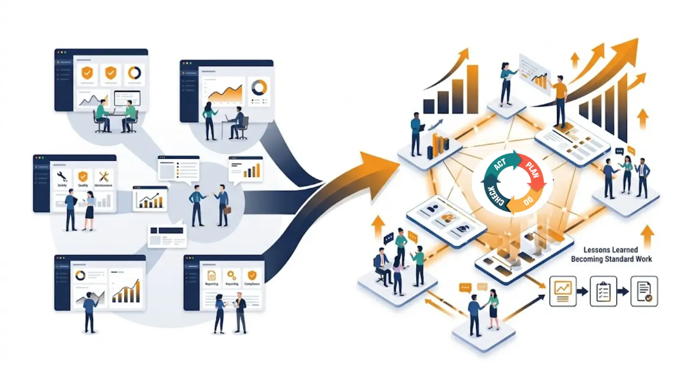 Information systems flowing into a connected learning system with PDCA at the center