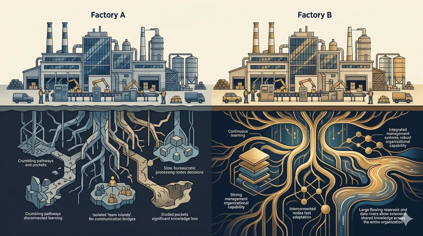 Factory A vs Factory B: visible operations above ground, hidden management systems and organisational learning below