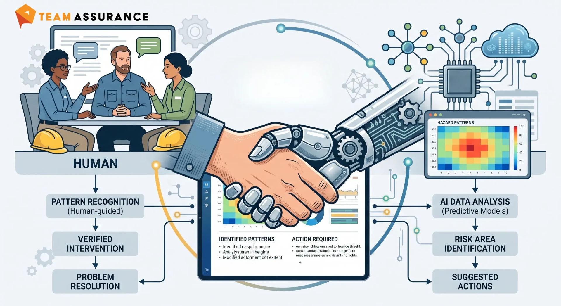 Human pattern recognition and AI data analysis combining into verified action
