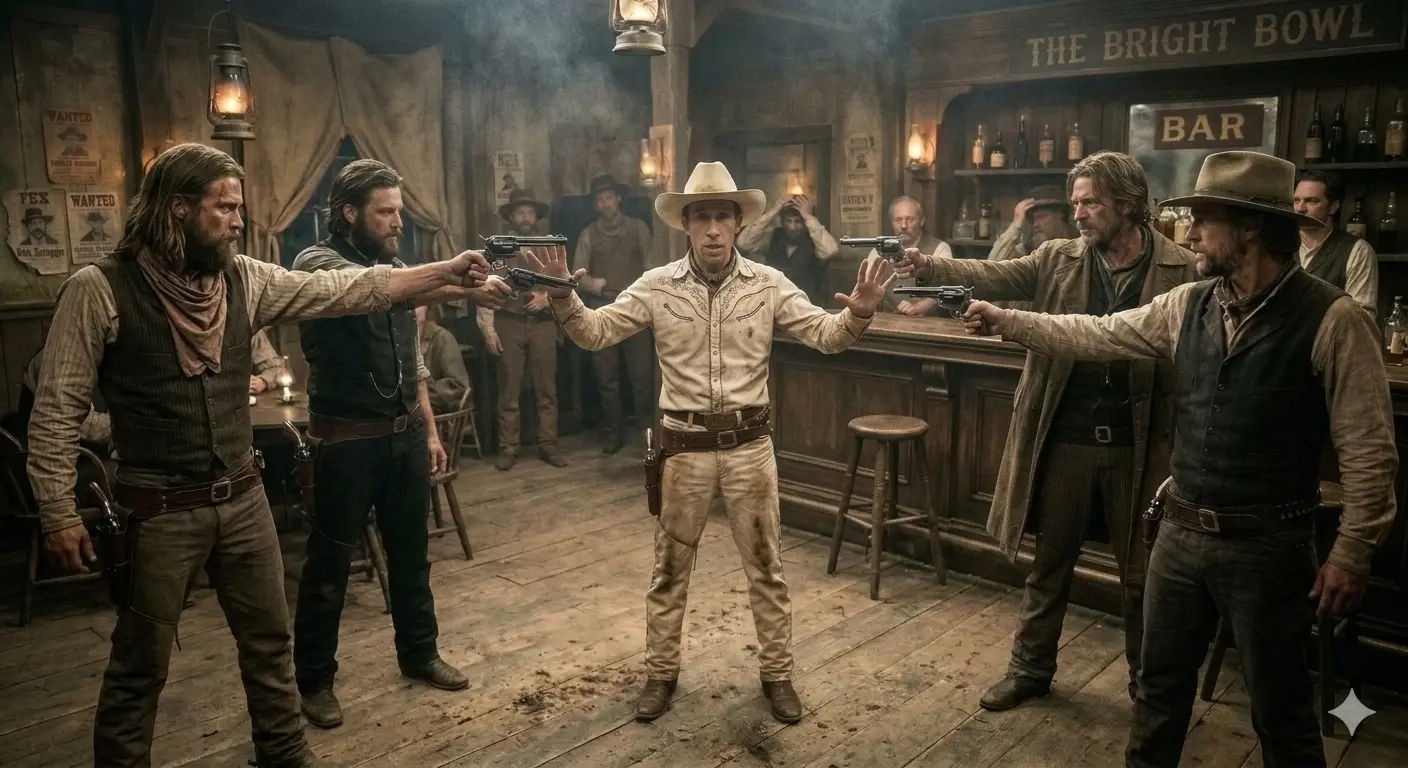 Western standoff scene illustrating cross-departmental friction over standard work