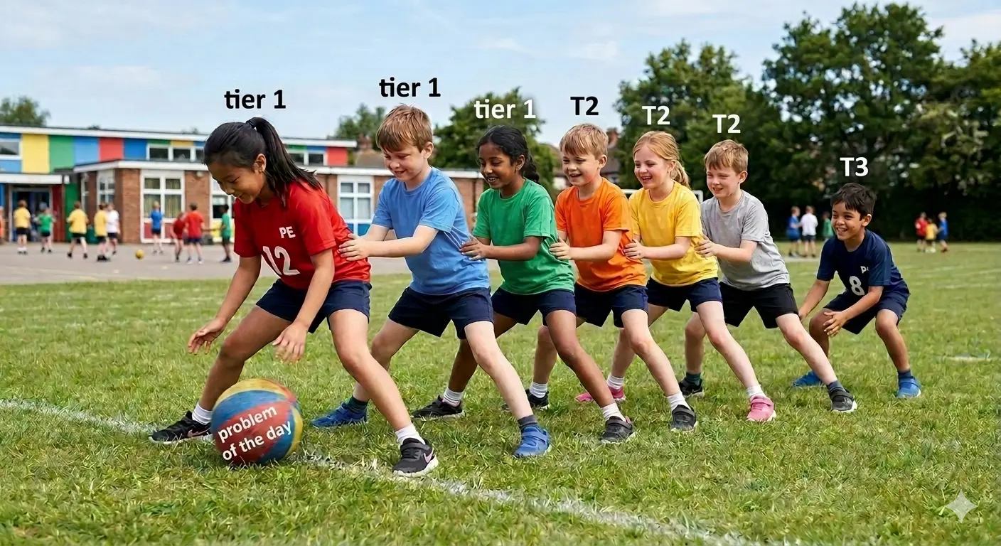 Children playing tunnel ball, illustrating tier 1 and tier 2 passing every problem of the day up to tier 3 management